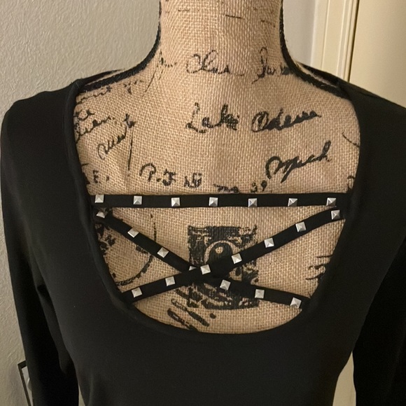 Material girl Macy’s sexy studded strappy chest long sleeve top black medium M - Picture 3 of 5